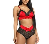 Conjunto Lencería Sexy Lazo Tiras Encaje Mujer Ropa Interior Babydoll 2 Piezas Sujetador Push up Tirantes y Braguitas Bralette Ajustable Escote V+Tanga Cintura Alta Satén Ropa Dormir (Rojo, M)