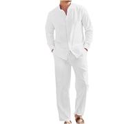 Conjunto Lino Hombre,Mis Pedidos Algodón y Lino Conjunto Verano Hombre de Dos Piezas Camisas Manga Larga y Pantalones Largo Camisas Hawaianas de Playa con Botones Ligero y Transpirable Trajes de Ocio