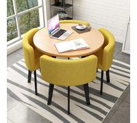 Conjunto Mesa Comedor Redonda Con 4 Sillas Conjunto Mesa Sala Conferencias Oficina PequeñA Con 4 Sillas Fabricado En AlgodóN Y Lino Con Un DiáMetro Tablero 80 Cm Adecuado Oficinas Wood+Yellow