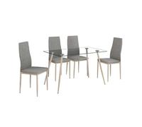 Conjunto mesa cristal + 4 sillas color gris tela comedor salón estilo nórdico patas metal efecto madera