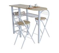 Conjunto mesa de cocina bar con estructura metálica y tabla de madera con 4 estantes + 2 taburetes plegables con patas blancas (taupe/blanca)