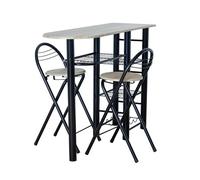 Conjunto mesa de cocina bar con estructura metálica y tabla de madera con 4 estantes + 2 taburetes plegables con patas blancas (taupe/negro)