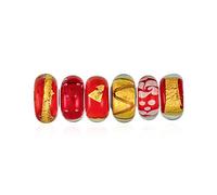 Conjunto Mixto De 6 Piezas Núcleo De Plata Esterlina .925 Con Tonos Translúcidos De Naranja Dorado Y Rojo Cuenta De Vidrio Murano Con Remolinos De Papel De Aluminio Espaciador Que Se Ajusta A Pulseras
