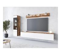 Conjunto moderno de muebles de salón 3 piezas - mueble TV 180 cm, vitrina y estante, cuerpo roble Wotan mate, frentes blanco brillo, de pie o colgante