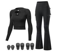 Conjunto Moto Mujer Protecciones Desmontables - Top Corto Con Diseño Cut-out Y Pantalones Acampanados Con Detalles Reflectantes Y Bolsillos Cargo Para Conducción Urbana Y Uso Diario,Black 1-EU L