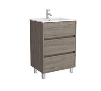 Conjunto Mueble baño 60 cm con Lavabo 100% montado de fábrica | Modelo Arenys acabado Madera Roble Eternity a suelo 3 cajones cierre amortiguado con Lavabo porcelana blanca | Tiradores tipo uñero