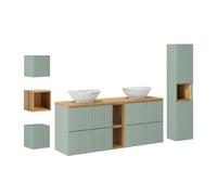 Conjunto mueble lavabo doble 140cm 4 cajones 2 compartimientos columna y 3 armarios de pared jade verde y madera