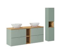Conjunto mueble lavabo doble 140cm 4 cajones 2 compartimientos y columna jade verde y madera