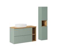 Conjunto mueble lavabo individual 100cm 2 cajones 2 compartimientos y columna jade verde y madera