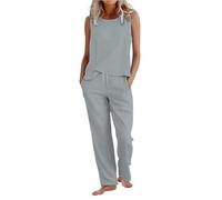 Conjunto Mujer Dos Piezas Algodón y Lino Chandal Verano Elegantes Holgado Casa Camiseta Sin Mangas y Pantalones con Cordón Basica Playa Conjuntos Deportivo Casual Conjunto Primavera Vacaciones