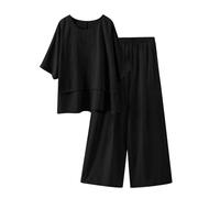 Conjunto Mujer Vestir Dos Piezas,2 Piezas Talla Grande Conjunto de Verano Otoño Algodón y Lino Camiseta de Manga 3/4 y Pantalones Ancho Suelto Oficina Casual Traje Color Sólido Cómodo Set