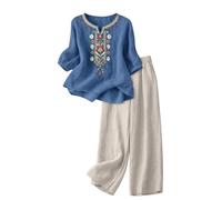 Conjunto Mujer Vestir Dos Piezas, 2026 2 Piezas Talla Grande Conjunto de Verano Otoño Algodón y Lino Camiseta de Manga 3/4 y Pantalones Ancho Suelto Oficina Casual Traje Color Sólido Cómodo Set