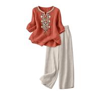 Conjunto Mujer Vestir Dos Piezas, 2026 2 Piezas Talla Grande Conjunto de Verano Otoño Algodón y Lino Camiseta de Manga 3/4 y Pantalones Ancho Suelto Oficina Casual Traje Color Sólido Cómodo Set