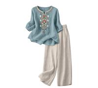 Conjunto Mujer Vestir Dos Piezas, 2026 2 Piezas Talla Grande Conjunto de Verano Otoño Algodón y Lino Camiseta de Manga 3/4 y Pantalones Ancho Suelto Oficina Casual Traje Color Sólido Cómodo Set
