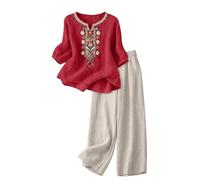 Conjunto Mujer Vestir Dos Piezas, 2026 2 Piezas Talla Grande Conjunto de Verano Otoño Algodón y Lino Camiseta de Manga 3/4 y Pantalones Ancho Suelto Oficina Casual Traje Color Sólido Cómodo Set