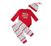 Conjunto Navideño Infantil Femenino Body Manga Larga Pantalones Gorro Estampado Árbol Santa Ropa Disfraz Bebé Niñas (Brick Red, 18-24 Months)