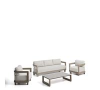 Conjunto Nerano con sofá de 3 plazas, 2 sillones y mesa de centro en cristal templado y aluminio color topo.