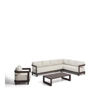 Conjunto Nerano con sofá esquinero de 5 plazas, sillón y mesa de centro en cristal templado y aluminio marrón.