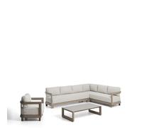 Conjunto Nerano con sofá esquinero de 5 plazas, sillón y mesa de centro en cristal templado y aluminio color topo.