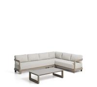 Conjunto Nerano con sofá esquinero de 5 plazas y mesa de centro de cristal templado y aluminio color topo.