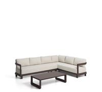 Conjunto Nerano con sofá esquinero de 5 plazas y mesa de centro de cristal templado y aluminio marrón.