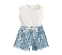 Conjunto Niña Verano Casual Chaleco sin Mangas para niños pequeños y niñas, Camiseta, Pantalones Cortos Vaqueros Rasgados de Mezclilla, Conjunto de 2 uds, Trajes de Verano