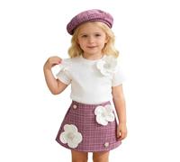 Conjunto Niña Verano Ligero Conjuntos para niñas pequeñas: Camisetas de Manga Corta con Volantes, Faldas a Cuadros y Sombreros.
