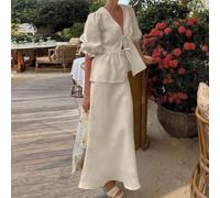 Conjunto para mujer 2 Piezas Top V Cuello Falda Larga Verano | con cordón , falda larga , ideal verano, corte favorecedor, para estilo retro(Apricot L)