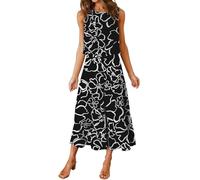 Conjunto para Mujer Dos Piezas de Verano Camiseta sin Mangas Cuello Redondo y Pantalón Ancho Cortado Negro con Flor Blanca XXL