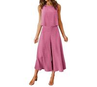 Conjunto para Mujer Dos Piezas de Verano Camiseta sin Mangas Cuello Redondo y Pantalón Ancho Cortado Punto Suizo Rosa M