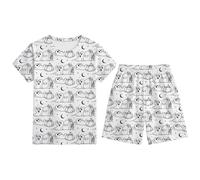 Conjunto Pijama Halloween para Ninos Manga Corta Cuello Redondo Pantalones Cortos Ropa Dormir Cómoda con Estampado DIY Línea Negra Informal Ninas