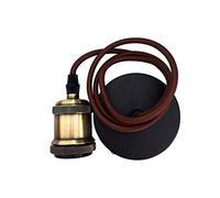 Conjunto portalámparas con cable y florón marrón, ideal para instalaciones eléctricas y decoración de interiores.