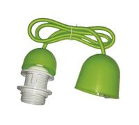 Conjunto portalámparas E27 con cable de 1m y florón verde, ideal para instalaciones de iluminación decorativa y funcional.