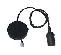 Conjunto portalámparas E27 negro con florón y cable de tela de 1 metro, ideal para iluminación decorativa y funcional en interiores.