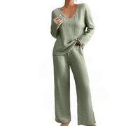 Conjunto Punto Mujer Invierno Otoño 2 Piezas Chandal Completo Elegante Manga Larga Jersey Tops Cuello en V y Pantalon con Cintura Alta Elástico Set Casual Ropa Deportivo Conjuntos Pijama Case