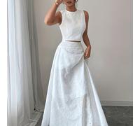 Conjunto Retro Francés de Color Sólido Bordado Hueco de Dos Piezas, /Manga Corta y Falda Maxi de Cintura en Línea A, Elegante Conjunto de Mujer para Uso Diario y Vacaciones