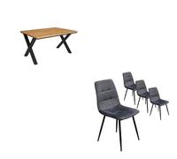 Conjunto salón, mesa de comedor | 140 | roble | estilo industrial, mesa fija, pack de 4 sillas de comedor | silla tapizada