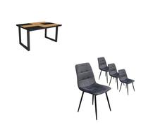 Conjunto salón, mesa de comedor | 140 | roble y negro | estilo industrial, mesa fija, pack de 4 sillas de comedor | silla tapizada