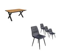 Conjunto salón, mesa de comedor | 170 | roble y borde negro | industrial, mesa fija, pack de 4 sillas de comedor | silla tapizada