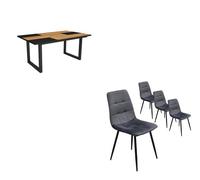 Conjunto salón, mesa de comedor | 170 | roble y negro | estilo industrial, mesa fija, pack de 4 sillas de comedor | silla tapizada