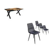 Conjunto salón, mesa de comedor | 170 | roble y negro | estilo industrial, mesa fija, pack de 4 sillas de comedor | silla tapizada