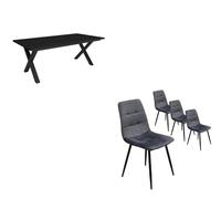 Conjunto salón, mesa de comedor | 200 | negro | estilo industrial, mesa fija, pack de 4 sillas de comedor | silla tapizada