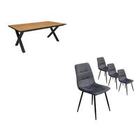 Conjunto salón, mesa de comedor | 200 | roble y borde negro | industrial, mesa fija, pack de 4 sillas de comedor | silla tapizada