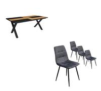 Conjunto salón, mesa de comedor | 200 | roble y negro | estilo industrial, mesa fija, pack de 4 sillas de comedor | silla tapizada