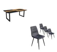 Conjunto salón, mesa de comedor | 200 | roble y negro | estilo industrial, mesa fija, pack de 4 sillas de comedor | silla tapizada