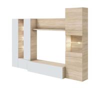 Conjunto salón nórdico con led blanco mate y roble canadian (mueble tv + mesa comedor extensible + mesa centro abatible)