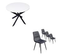 Conjunto salón, pack de 4 sillas de comedor, silla tapizada, mesa fija redonda, blanco mate, patas negro
