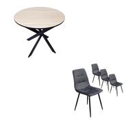 Conjunto salón, pack de 4 sillas de comedor, silla tapizada, mesa fija redonda, roble/negro, patas negro