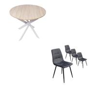 Conjunto salón, pack de 4 sillas de comedor, silla tapizada, mesa fija redonda zen, roble, patas blanco