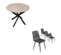 Conjunto salón, pack de 4 sillas de comedor, silla tapizada, mesa fija redonda zen, roble, patas negro